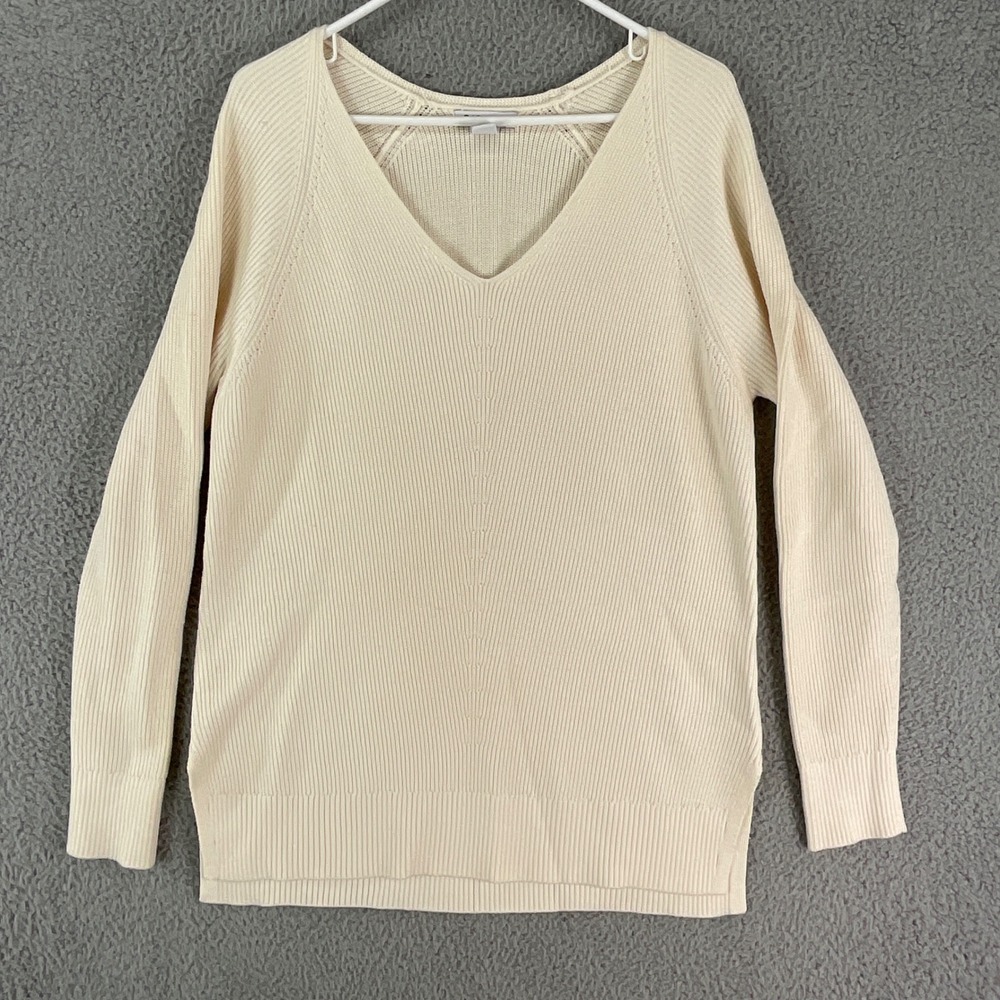 Athleta Sweater Womens Medium Ivory V-Neck Ribbed Merino Wool Blend Long Sleeve